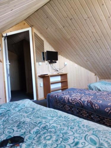 a room with two beds and a television in a attic at Rukavychka in Yaremche