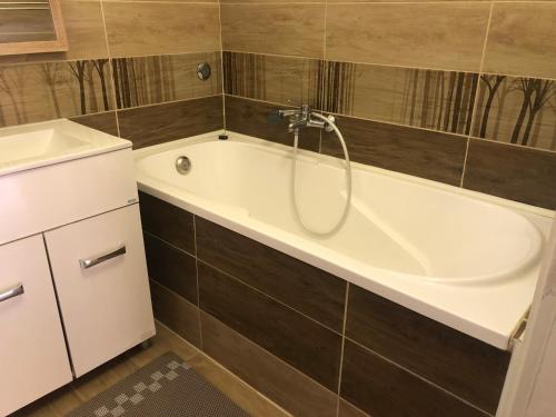 a bathroom with a bath tub and a shower at Frankie Holiday Apartment I. in Balatongyörök
