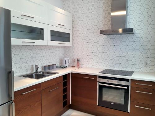 uma cozinha com armários de madeira, um lavatório e um fogão em Emerald Apartament em Bialystok