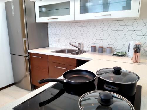 a kitchen with a stove with a pot on it at Emerald Apartament in Białystok
