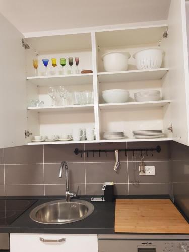 una cocina con fregadero y estanterías con platos en Apartman Mig, en Novalja