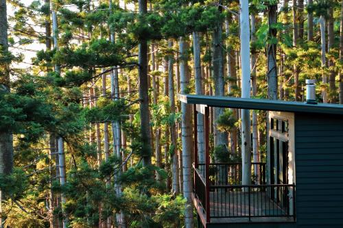 a porch of a cabin with trees in the background at Rainforest Gardens - Luxury Hillside Accomodation with Views to Bay & Islands in Mount Cotton