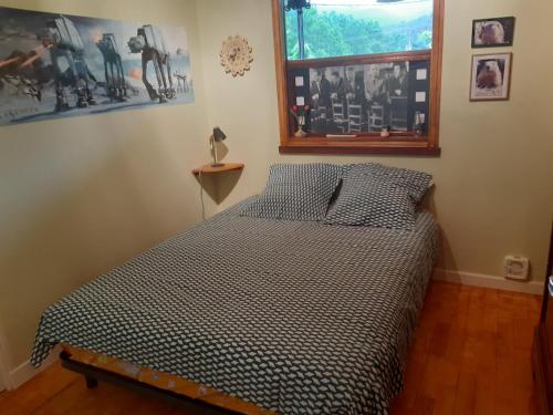 1 dormitorio con cama y ventana en Chalet dans village, en Saint-Maurice-en-Trièves