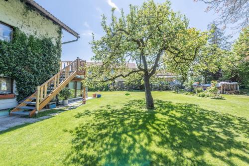 a tree in the yard of a house at Ferienwohnung Julia in Taching am See