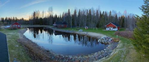 a view of a river with houses and trees at Hannunluhdan Lomamökit in Karijoki