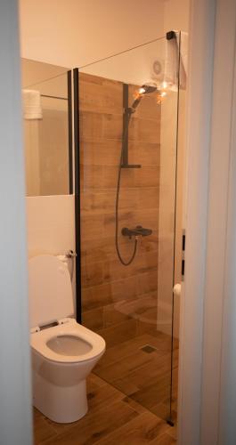 a bathroom with a toilet and a shower with a glass door at Urban 7 Residence in Bucharest