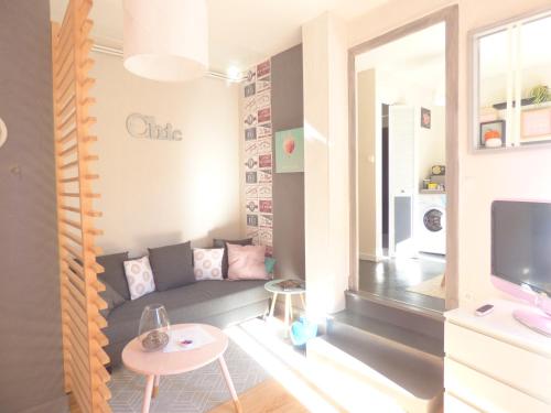 ein kleines Wohnzimmer mit einem Sofa und einem TV in der Unterkunft Les Cocons de Stéphanie in Vichy