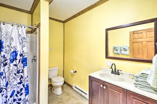 ein Badezimmer mit einem Waschbecken, einem WC und einem Spiegel in der Unterkunft Cozy Poconos Studio with Community Pool and Fire Pit! in Pleasant Mount