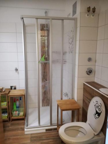 a bathroom with a shower with a toilet in it at FeWo Schwarz in Dornumersiel