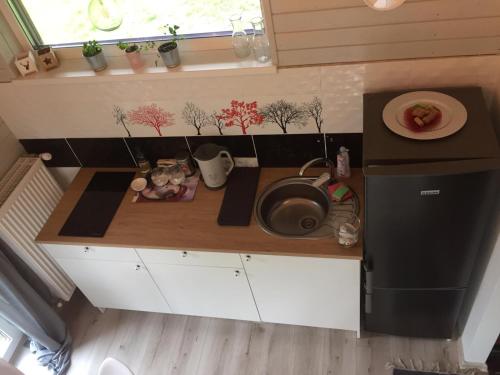an overhead view of a small kitchen with a sink at Holiday house Ausekļa namiņš in Cēsis