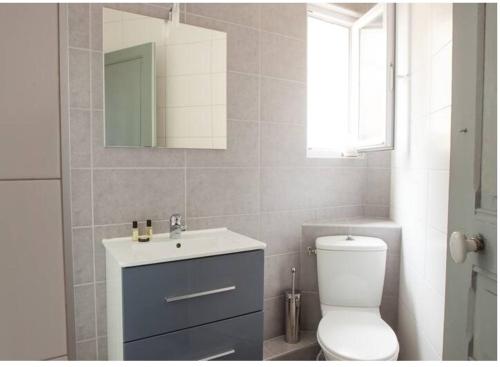 uma casa de banho com um WC, um lavatório e um espelho. em Appartement charmant dans le centre de Biarritz Dan 3ème étage em Biarritz