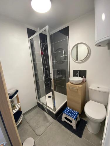W łazience znajduje się prysznic, toaleta i umywalka. w obiekcie Escapade à Cabourg, 300M plage, calme et chaleureux w mieście Cabourg