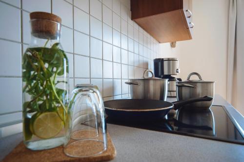 a kitchen counter with a sink with a pot and a pan at Apartmenthaus Kaiser Friedrich in Potsdam