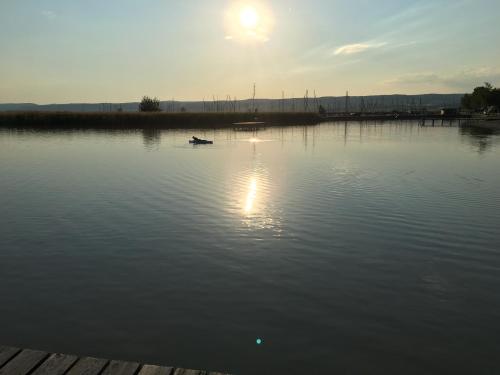 a boat on a body of water with the sun setting at Ferienhaus beim Turm in Breitenbrunn