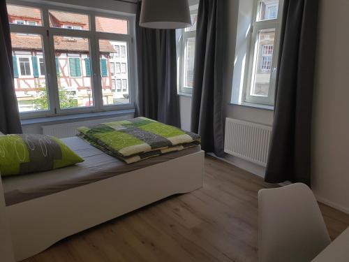 um quarto com uma cama e duas janelas em Ferienwohnung em Brackenheim