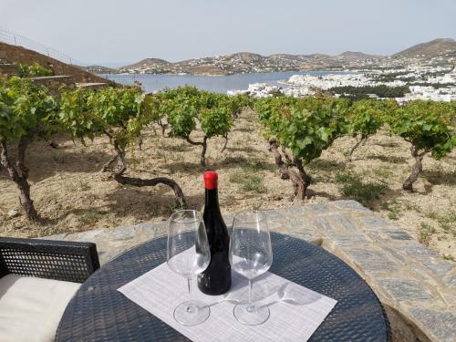 a bottle of wine sitting on a table with wine glasses at WONDERFUL SEA VIEW in Parikia