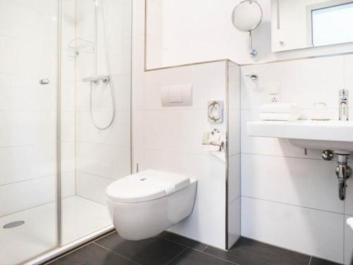 a bathroom with a toilet and a shower and a sink at Hennedamm Hotel in Meschede