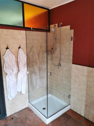 a shower in a bathroom with a glass shower stall at Angolo Del Poeta in Bergamo