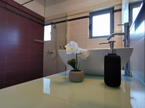 a bathroom with a sink and a bath tub at Sea breeze holiday apartment in Amfilochía