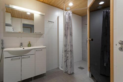 a bathroom with a sink and a shower at Tuomas´ luxurious suites, Kelo in Rovaniemi