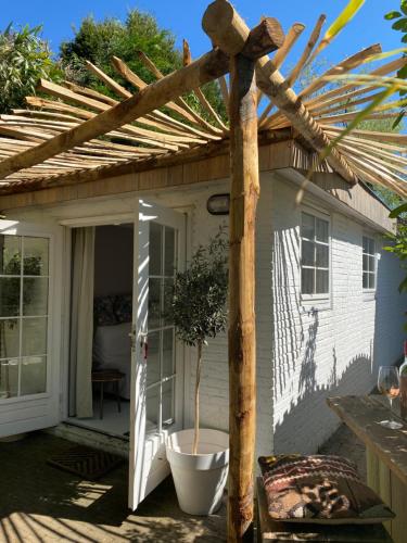 pérgola de madera con maceta en el patio en Studio Lief Bergen binnen, bij bos duin en dorp, en Bergen
