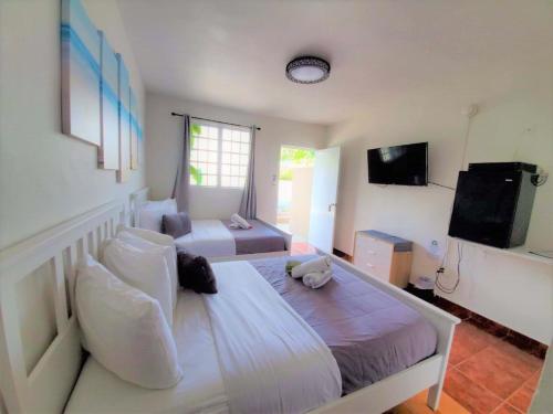 a bedroom with a large bed and a television at La Jamaca - An Island Vibe Hotel in La Parguera