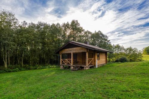 a small wooden cabin in a field of grass at Sauna with the Private Lake Access in Molėtai