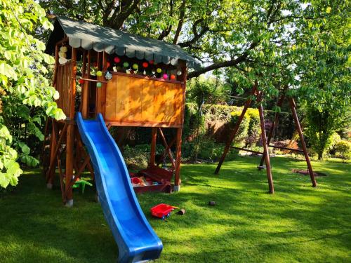 a playground with a blue slide in the grass at Family Home Garden & Sauna in Kraków