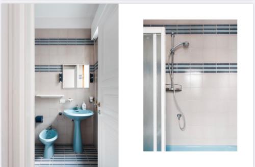 馬爾米堡的住宿－Casa Aschi，浴室配有蓝色水槽和淋浴。