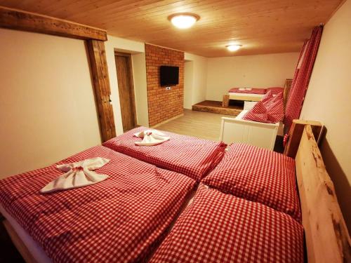 two beds in a room with red and white checks at Penzion U Lípy in Ostrov