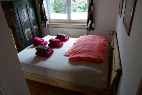 a bedroom with a bed with pink pillows on it at Öko-Ferienwohnung-Kiel Silbermöwe in Kiel