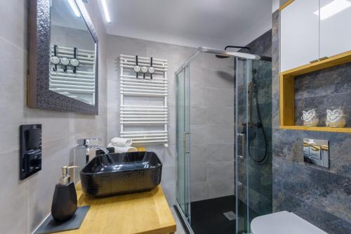 W łazience znajduje się umywalka i prysznic. w obiekcie Apartament Leśniczówka - 5D Apartamenty w Świeradowie Zdroju