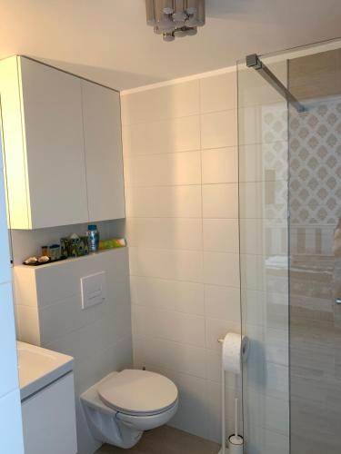 a bathroom with a toilet and a glass shower at VULTOR Apartments in Wrocław