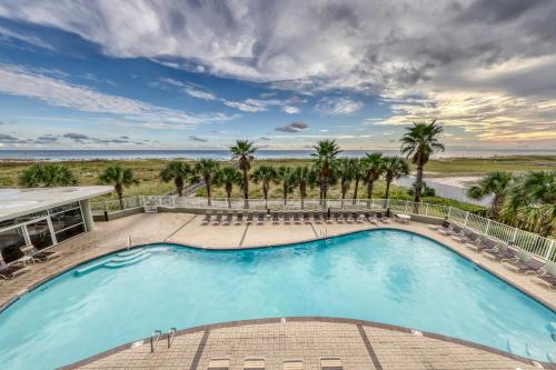 una piscina con sillas y palmeras en Tidewater Condos on Orange Beach, en Orange Beach