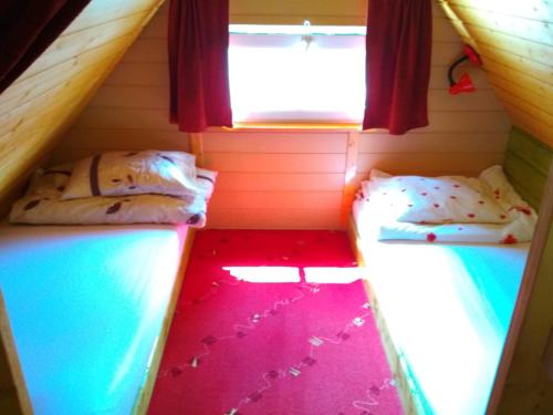 two beds in a small room with a window at PEPASÓWKA Chatka Puchatka in Łukęcin