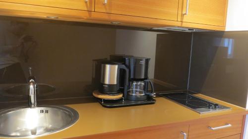 a coffee maker sitting on a counter next to a sink at Apparthotel Gartenresidence Nalserhof in Nalles