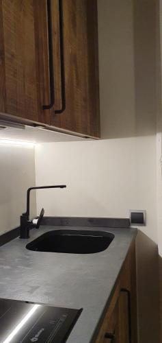 a kitchen counter with a sink and a counter top at Hotel y Estudios DCeres Estancias in Santa María de Mave