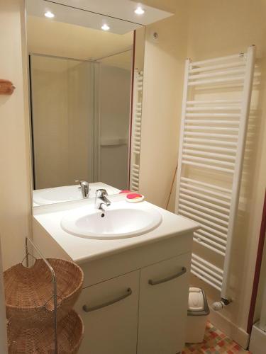 une salle de bain avec un lavabo et un miroir dans l'établissement Terrasse & Jardin, à Jonzac