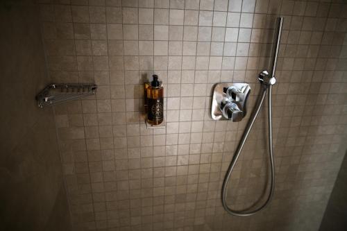 um chuveiro com uma mangueira e uma garrafa de álcool em Al Solìf em Livigno