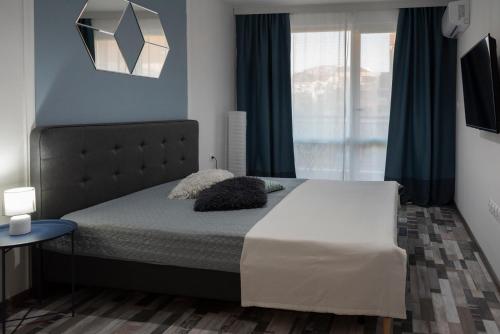 a bedroom with a large bed with blue walls at SOS CoMFORT in Burgas City