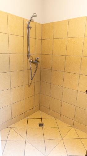 a shower in a bathroom with a tiled floor at Dom Wakacyjny Myśliborka in Nowe Warpno