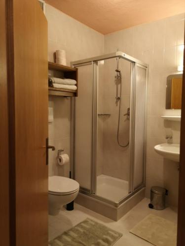 a bathroom with a shower with a toilet and a sink at Apartment Furschermuehle in Siusi