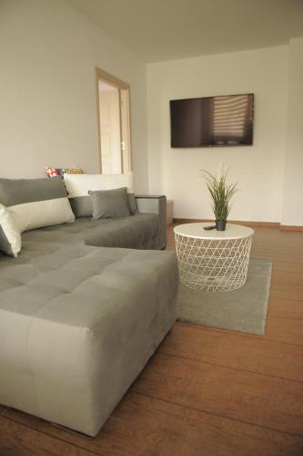 uma sala de estar com um sofá e uma mesa em Anais Residence with Parking Garage Sinaia em Sinaia
