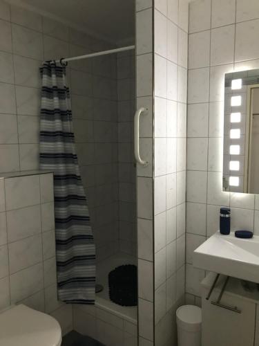 a bathroom with a shower and a toilet and a sink at Klein App in Alt - Tegel in Berlin