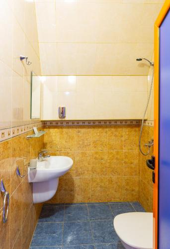 a bathroom with a sink and a mirror at Family Hotel Jemelly in Obzor