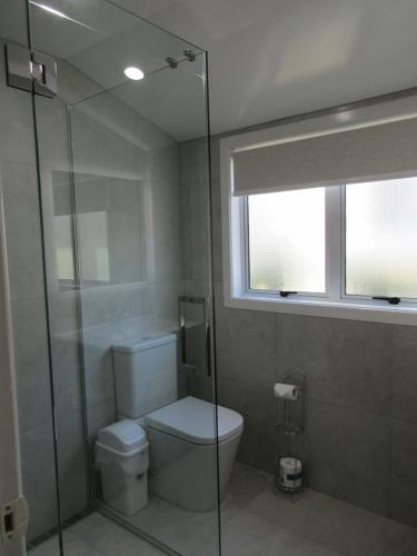 a bathroom with a toilet and a glass shower at Valmai House Cambridge in Cambridge