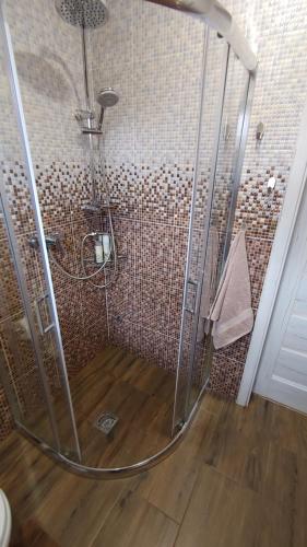 a shower with a glass enclosure in a bathroom at Smiltinas in Nidden