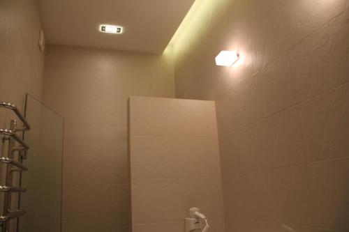 a bathroom with a shower with a light on the wall at Apartment in Center of Odessa in Odesa