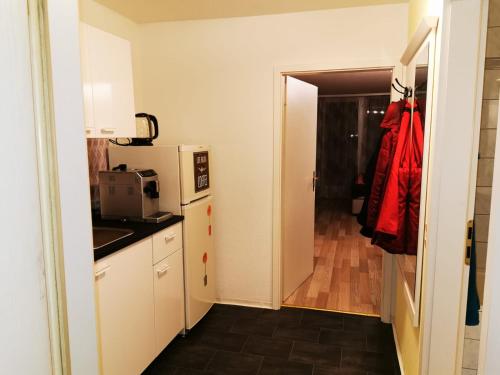 a kitchen with a white refrigerator and a microwave at Ferienwohnung Reni in Sankt Englmar