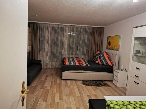 een slaapkamer met een bed en een bank in een kamer bij Ferienwohnung Reni in Sankt Englmar